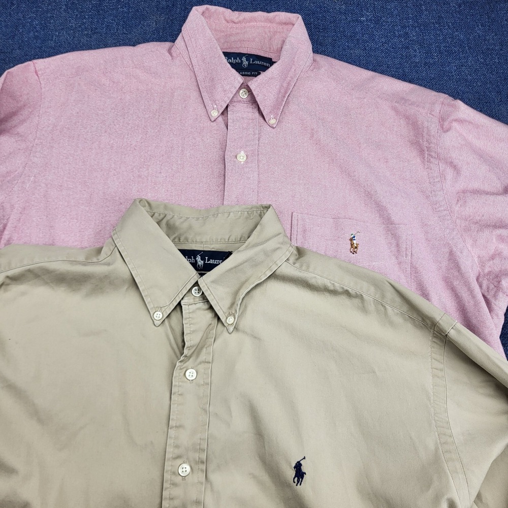 Lot of 2 Polo Ralph Lauren Large Button Down Shirts Red Oxford Tan Blake Cotton